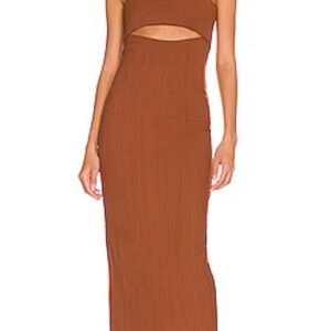 NBD Brown Ribbed Cut Out Bodycon Midi Dress